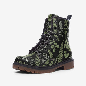 Herbologycore Aesthetic Print On Black Vegan Leather Combat Boots