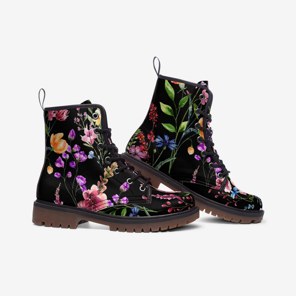 Spring Flowers on Black Vegan Leather Combat Boots