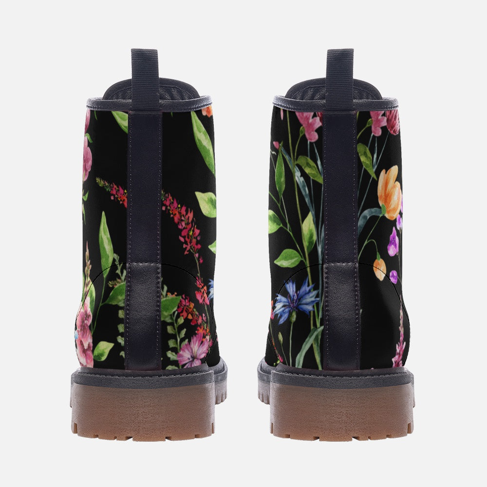Spring Flowers on Black Vegan Leather Combat Boots