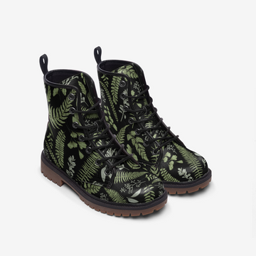 Herbologycore Aesthetic Print On Black Vegan Leather Combat Boots