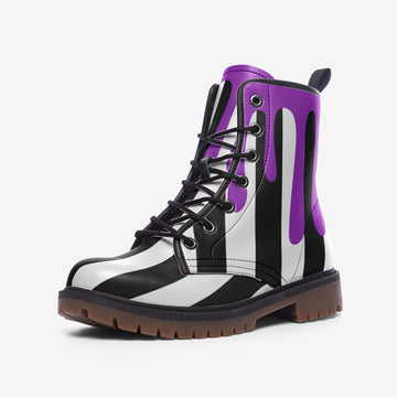 Purple Slime On Black and White Striped Vegan Leather Combat Boots