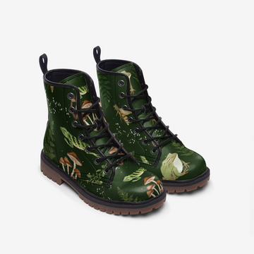 Magick Fauna Print on Green Forest Vegan Leather Combat Boots