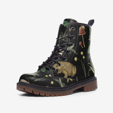 Botanical Folklore Print On Black Vegan Leather Combat Boots