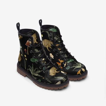 Botanical Folklore Print On Black Vegan Leather Combat Boots