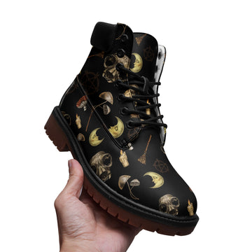 Witchcore Aesthetic Print on Black Vegan Leather Low Combat Boots
