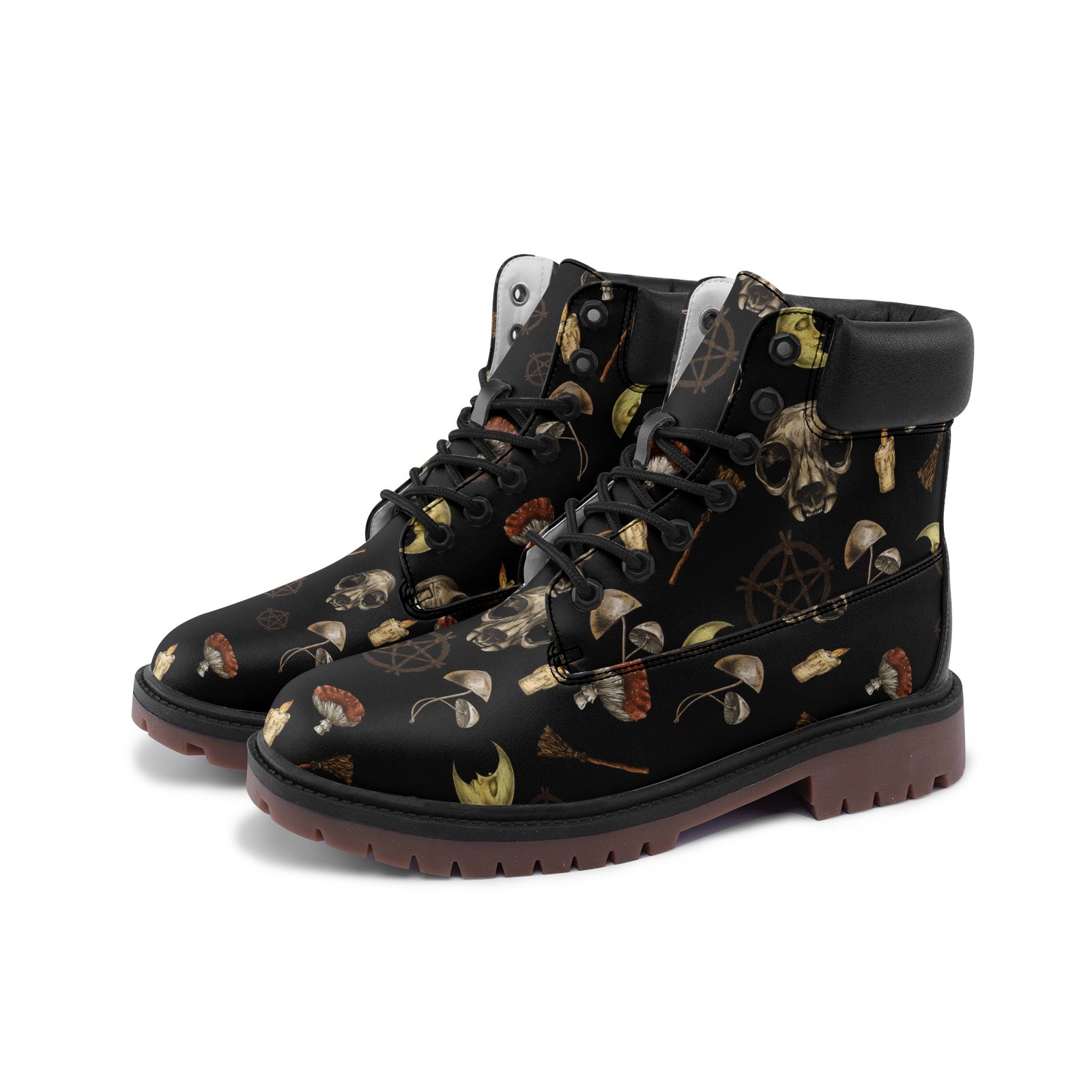 Witchcore Aesthetic Print on Black Vegan Leather Low Combat Boots