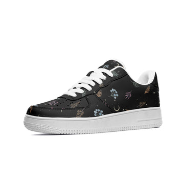 Dark Whimsy Floral Print on Black Low Top Vegan Leather Sneakers