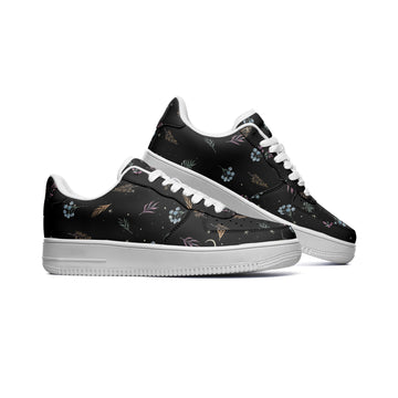 Dark Whimsy Floral Print on Black Low Top Vegan Leather Sneakers