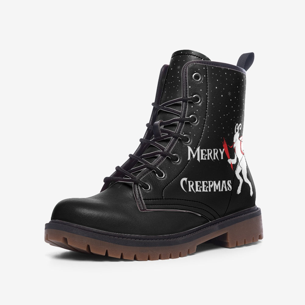 "Merry Creepmas" from Krampus on Black Vegan Leather Combat Boots