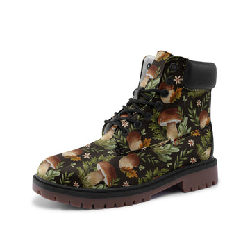 Little Mushies In The Woods on Brown Vegan Leather Low Combat Boots