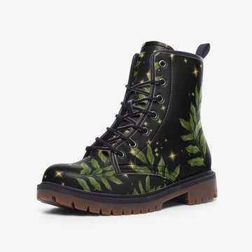 Fireflies In The Woods On Black Vegan Leather Combat Boots