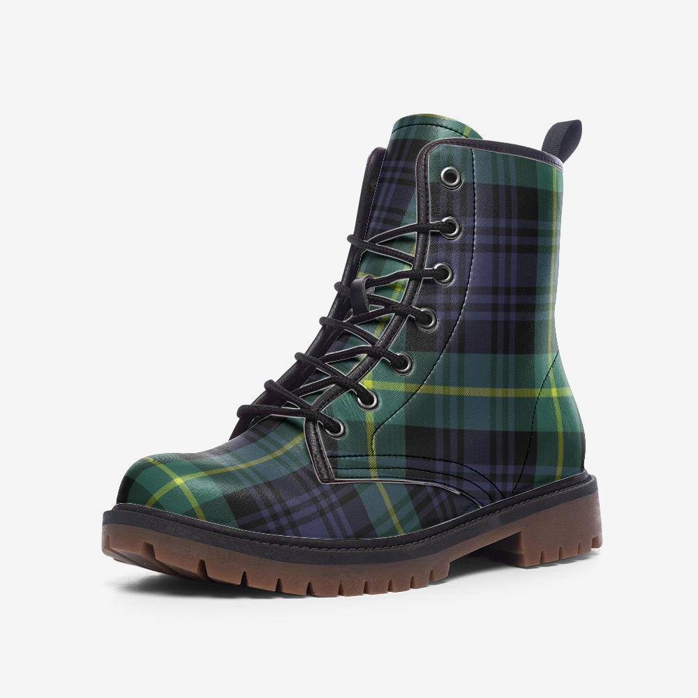 Blue and Green Gingham Print on Vegan Leather Combat Boots