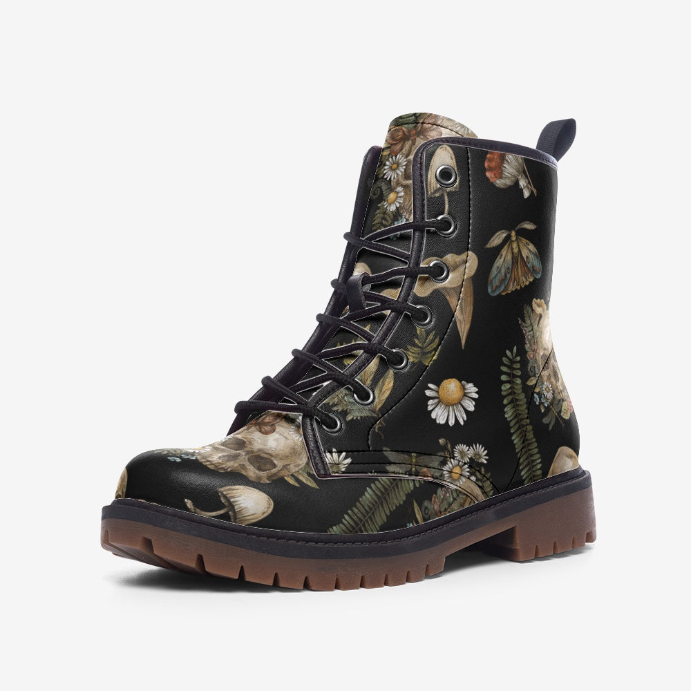 Goth Cottagecore Aesthetic On Black Vegan Leather Combat Boots