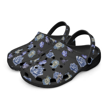 Skulls and Blue Roses on Black-base Clogs
