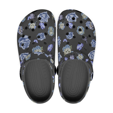 Skulls and Blue Roses on Black-base Clogs
