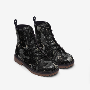 Ravens Of The Night On Black Vegan Leather Combat Boots