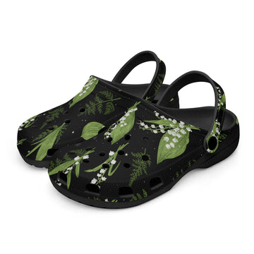 Whimsical Lily Of Th Valley on Black-base Clogs