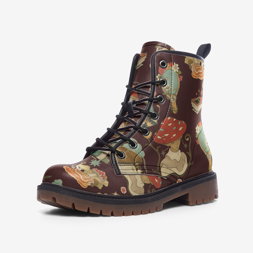 Mushroom Magic Aesthetic on Red Mahogony Vegan Leather Combat Boots