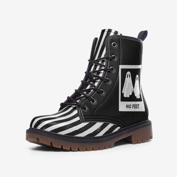 Ghosts Lovers Grunge Black and White Stripes On Black Vegan Leather Combat Boots