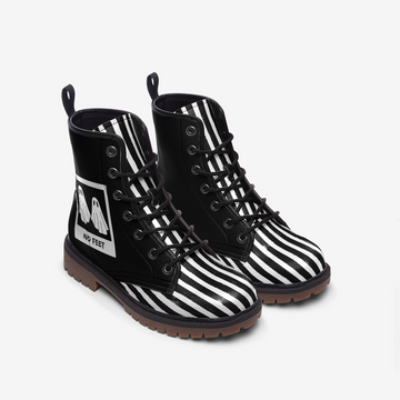 Ghosts Lovers Grunge Black and White Stripes On Black Vegan Leather Combat Boots