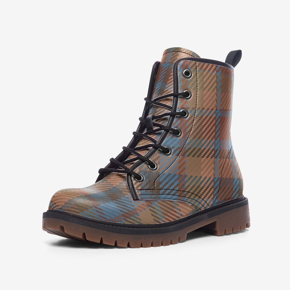 Preppy Brown and Light Blue Tartan Vegan Leather Combat Boots