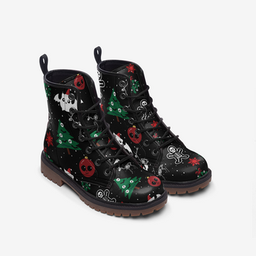 Sinister Xmas Aesthetic on Black Vegan Leather Combat Boots