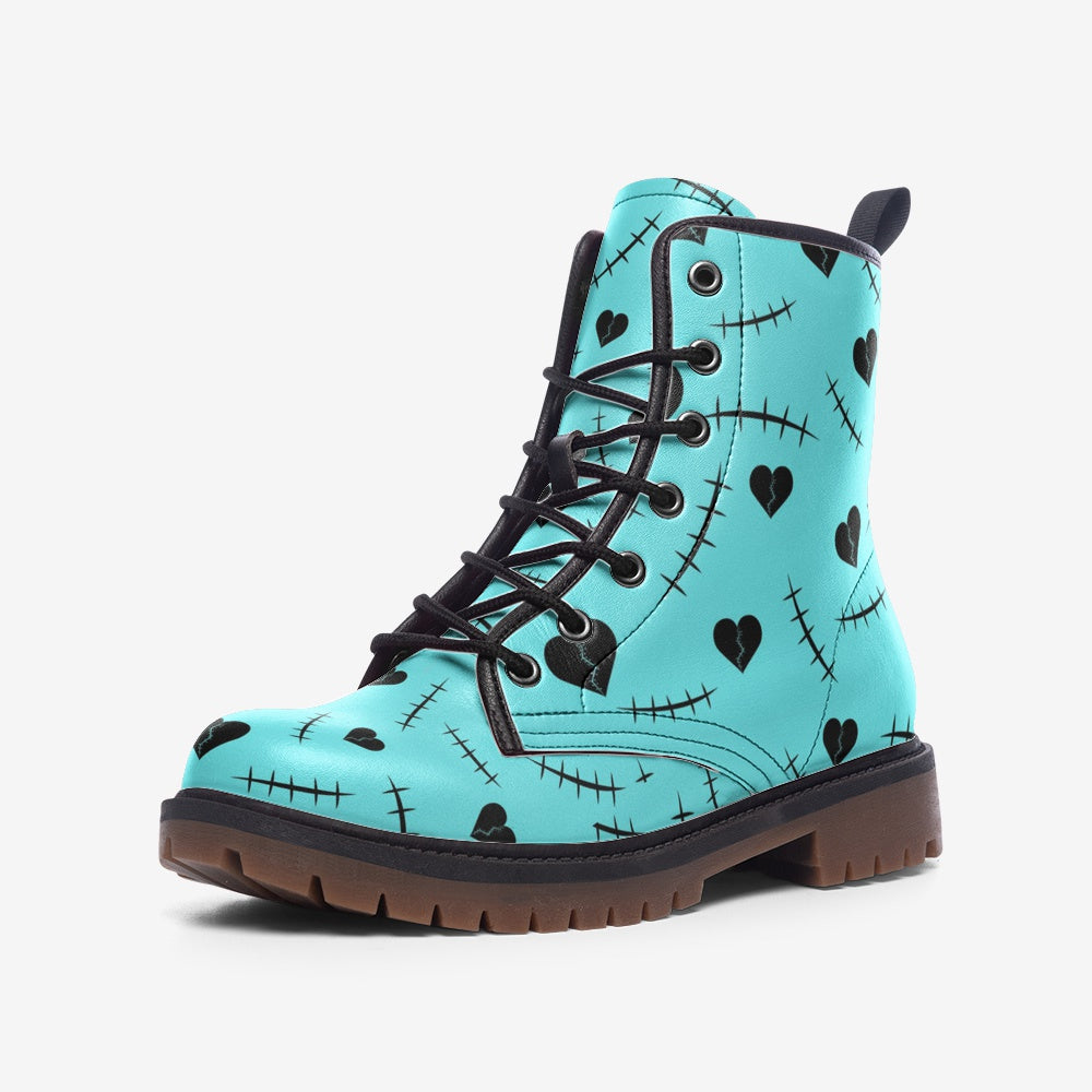 Scars and Broken Hearts on Blue Teal Vegan Leather Combat Boots
