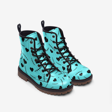 Scars and Broken Hearts on Blue Teal Vegan Leather Combat Boots