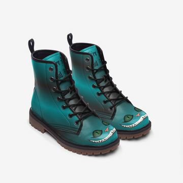 Blue and Grey Smiling Cat From Imaginary World Inspired Vegan Leather Combat Boots