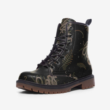 Snakes and Ferns in Starry Night in Black Vegan Leather Combat Boots