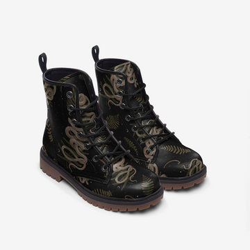 Snakes and Ferns in Starry Night in Black Vegan Leather Combat Boots