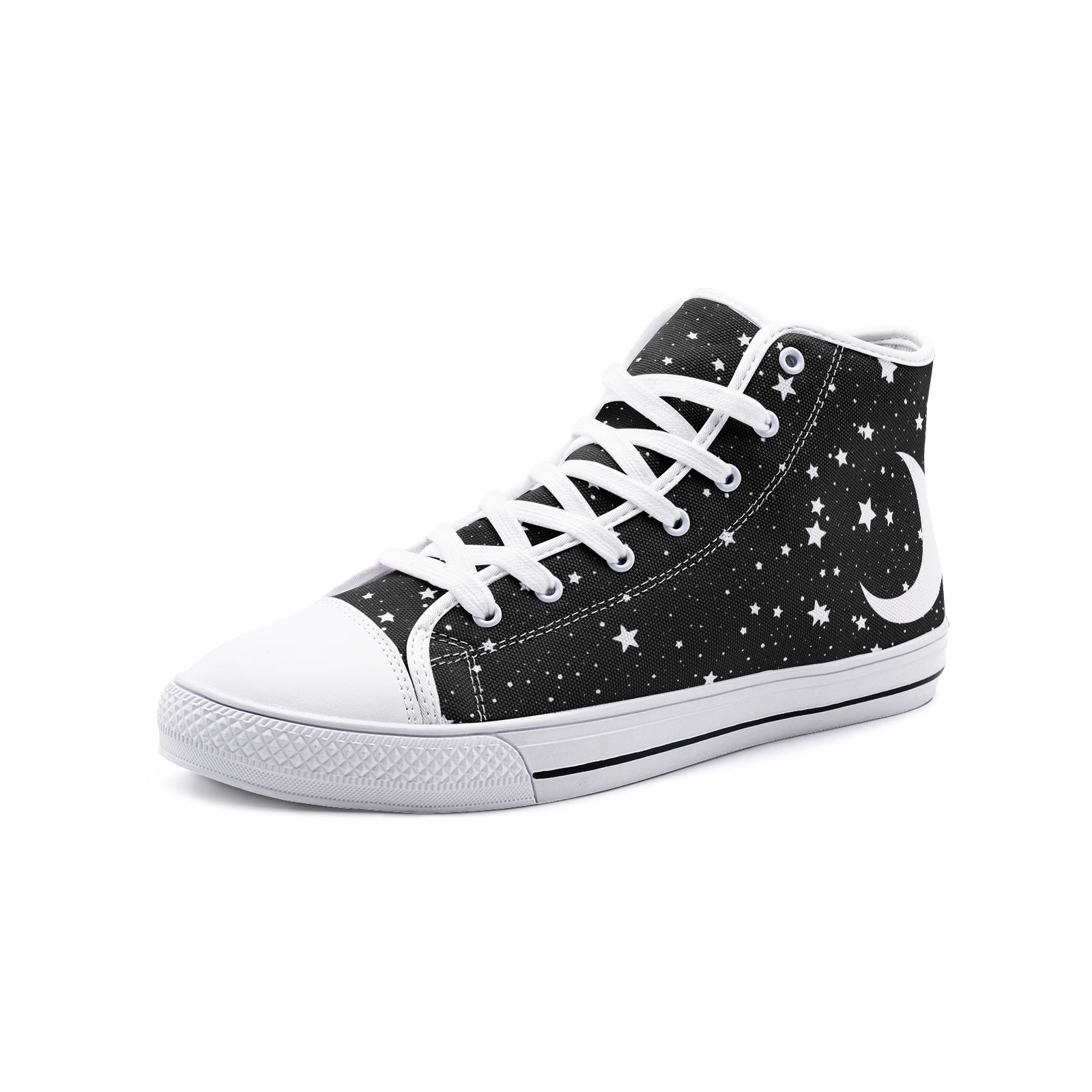 Thousand Stars and Crescent Moon on Black High Top Vegan Canvas Shoes