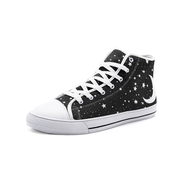Thousand Stars and Crescent Moon on Black High Top Vegan Canvas Shoes