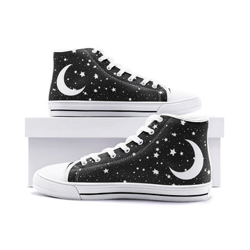 Thousand Stars and Crescent Moon on Black High Top Vegan Canvas Shoes