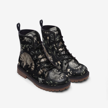 CUSTOM ORDER | Raccoons Of The Night Black Vegan Leather Combat Boots
