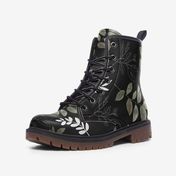 Ferns In The Forest On Black Vegan Leather Combat Boots