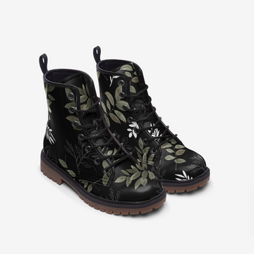 Ferns In The Forest On Black Vegan Leather Combat Boots