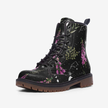 Foxgloves and Crescent Moons on Black Vegan Leather Combat Boots