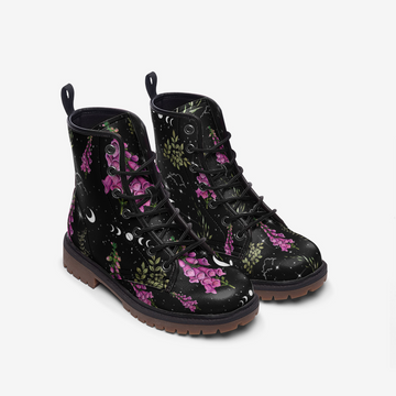 Foxgloves and Crescent Moons on Black Vegan Leather Combat Boots