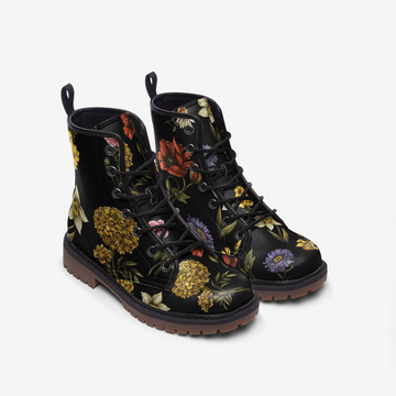 Dark Garden Flowers on Black Vegan Leather Combat Boots