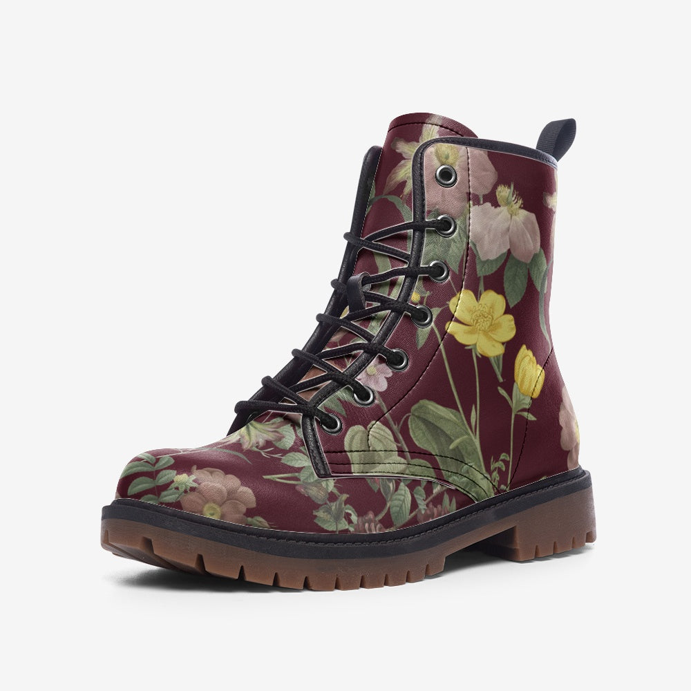 Vintage Garden Flowers Print On Burgundy Vegan Leather Combat Boots