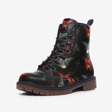 Blue Butterflies and Red Moths in The Night on Black Vegan Leather Combat Boots