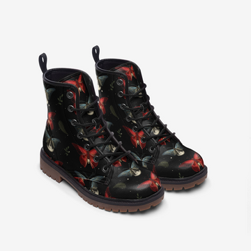 Blue Butterflies and Red Moths in The Night on Black Vegan Leather Combat Boots