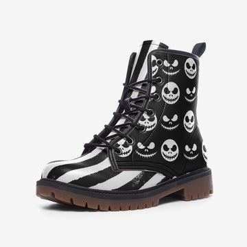 Black and White Grunge Stripes with Smilling Scary Skulls on Sides Vegan Leather Combat Boots