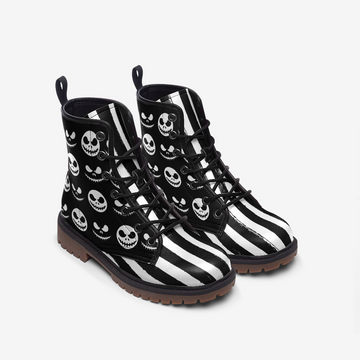 Black and White Grunge Stripes with Smilling Scary Skulls on Sides Vegan Leather Combat Boots