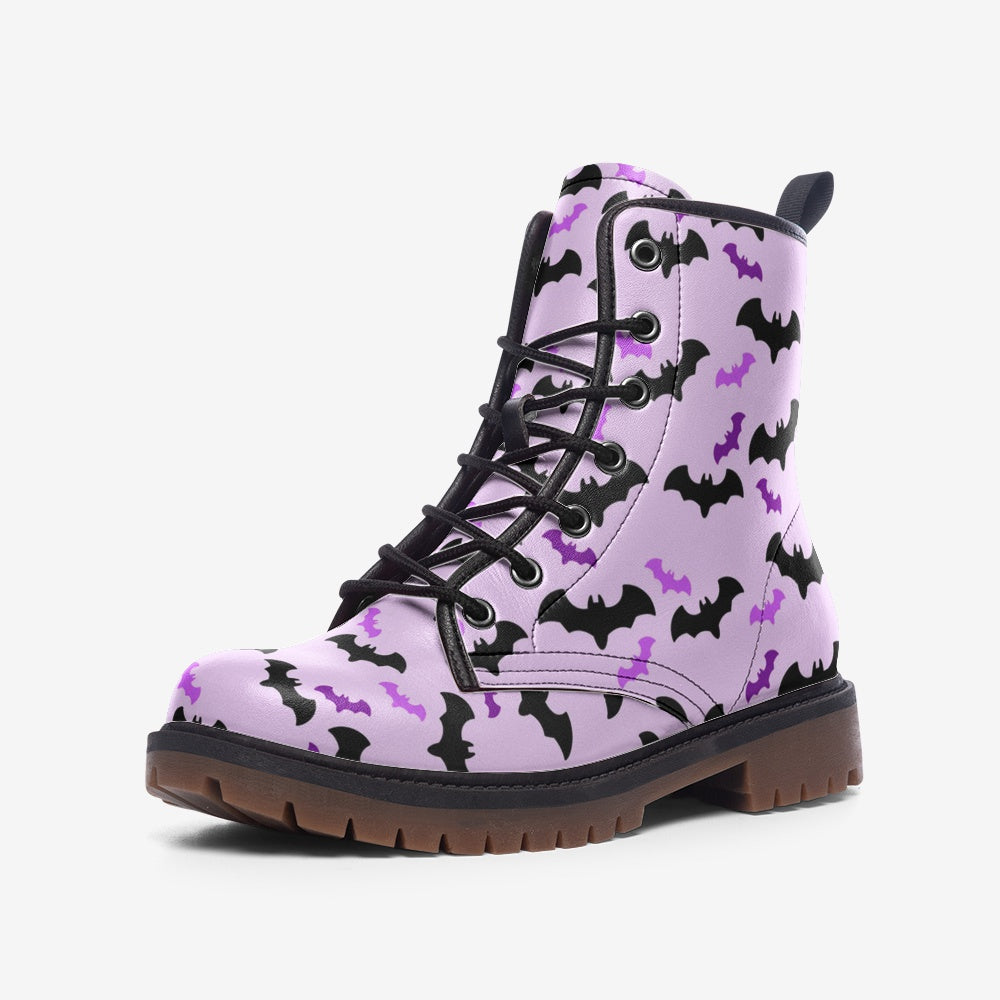 Purple and Black Flying Bats Print on Pastel Lavender Vegan Leather Combat Boots