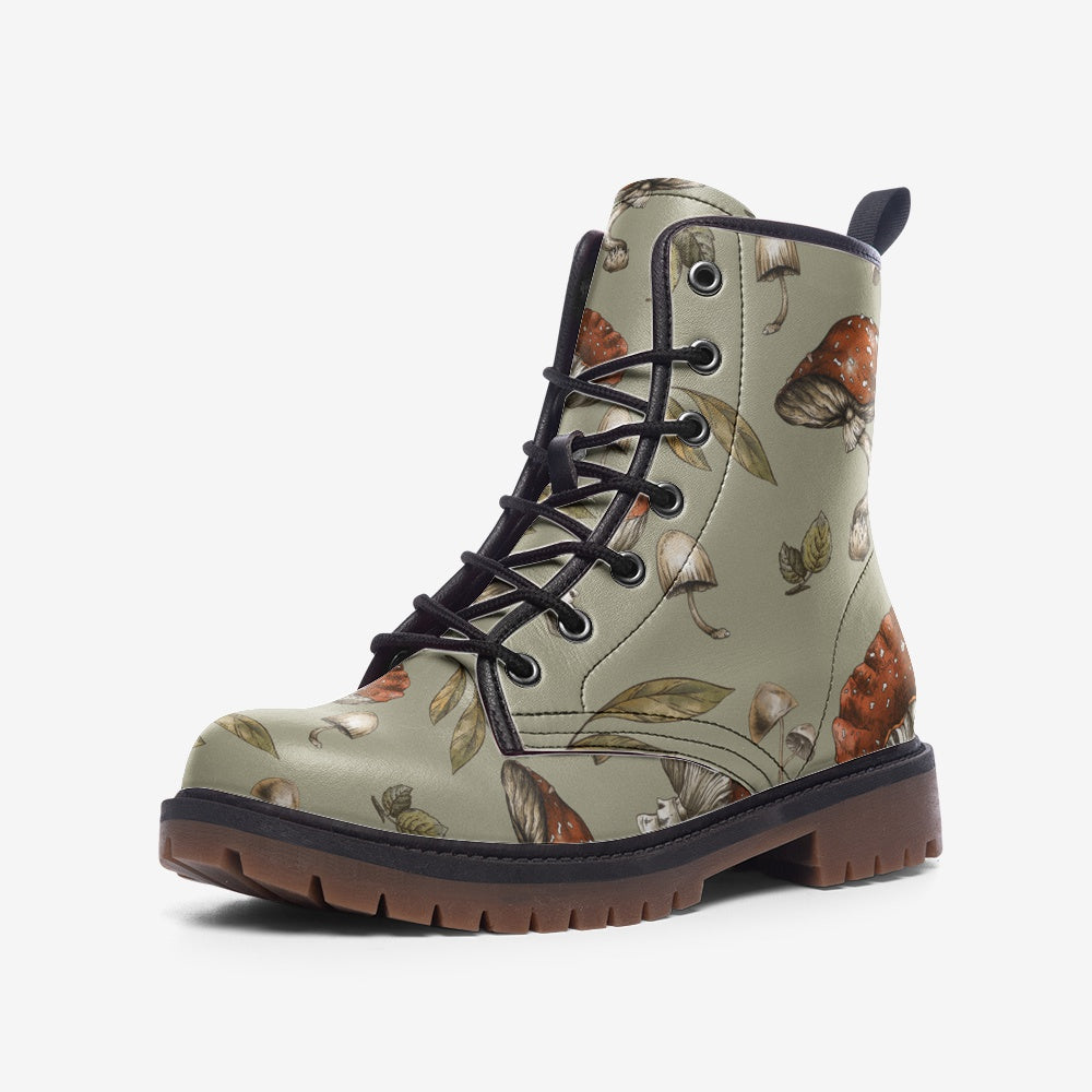 Mushroomcore Print on Beige Vegan Leather Combat Boots