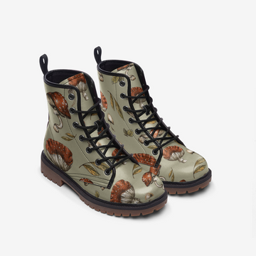 Mushroomcore Print on Beige Vegan Leather Combat Boots
