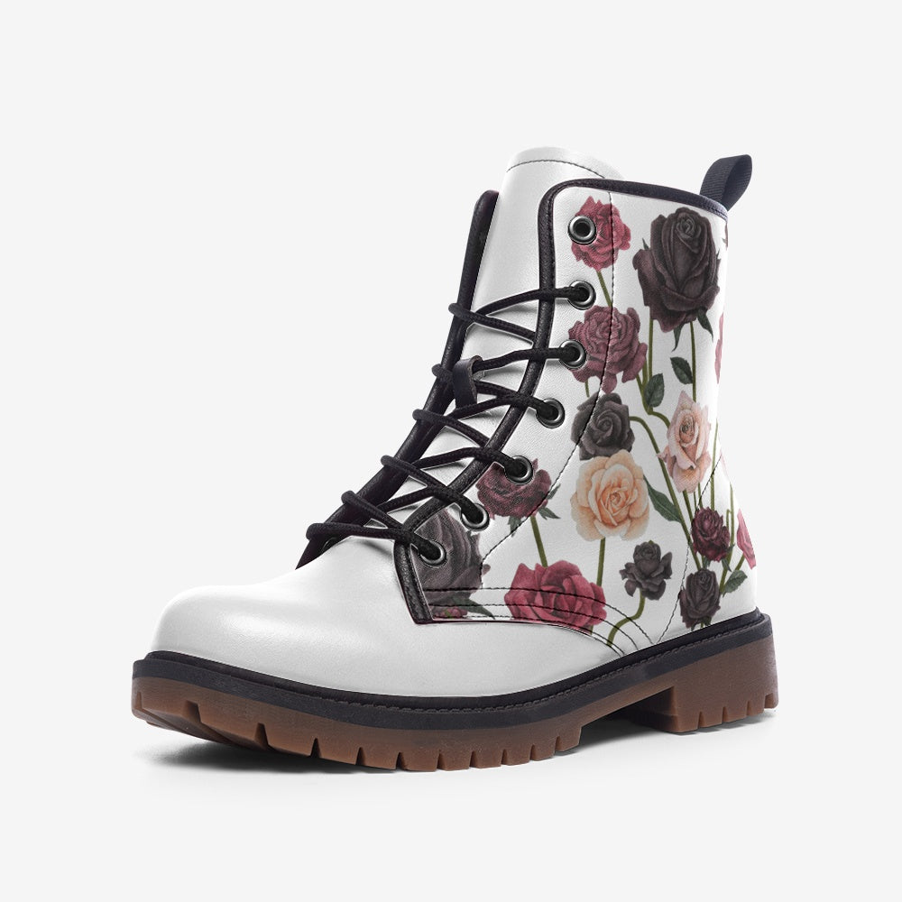 Goth Roses Bouquets on White Vegan Leather Combat Boots