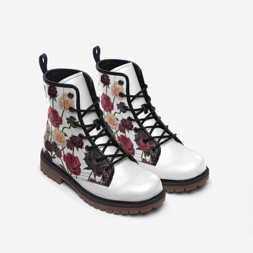 || LIMITED EDITION || Goth Roses Bouquets on White Vegan Leather Combat Boots